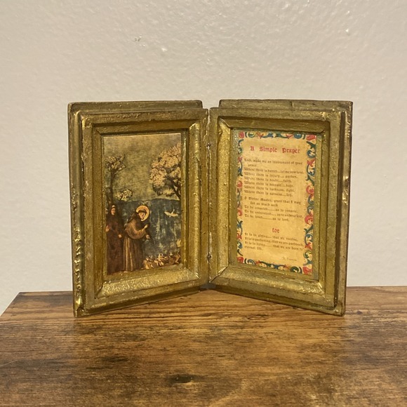 Other - Antique Gold Gilt Florentine Wood Diptych Saint Francis Assisi A SIMPLE PRAYER